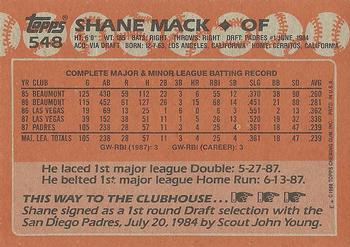 1988 Topps #548 Shane Mack Back