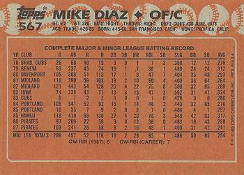 1988 Topps #567 Mike Diaz Back