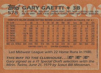 1988 Topps #578 Gary Gaetti Back
