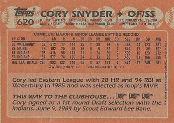 1988 Topps #620 Cory Snyder Back