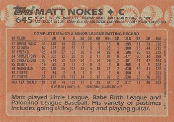 1988 Topps #645 Matt Nokes Back