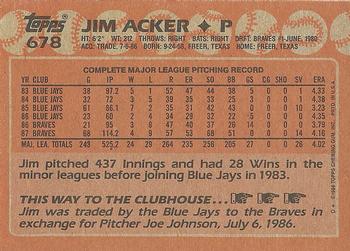 1988 Topps #678 Jim Acker Back