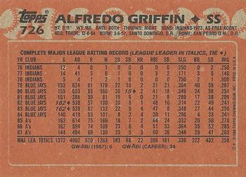 1988 Topps #726 Alfredo Griffin Back
