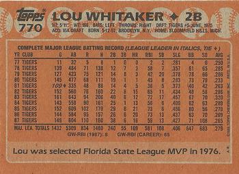 1988 Topps #770 Lou Whitaker Back