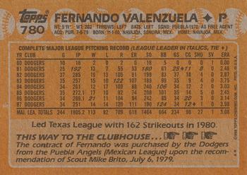 1988 Topps #780 Fernando Valenzuela Back