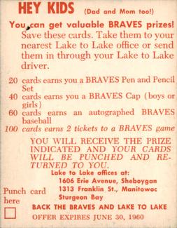 1960 Lake to Lake Dairy Milwaukee Braves #NNO Joe Adcock Back