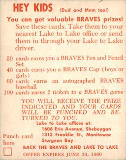 1960 Lake to Lake Dairy Milwaukee Braves #NNO Bob Buhl Back
