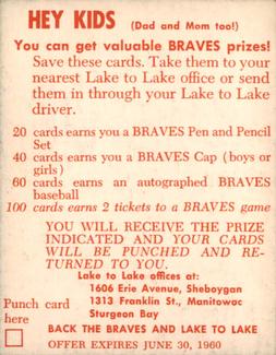 1960 Lake to Lake Dairy Milwaukee Braves #NNO Chuck Cottier Back