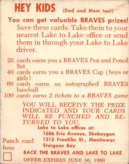 1960 Lake to Lake Dairy Milwaukee Braves #NNO Wes Covington Back