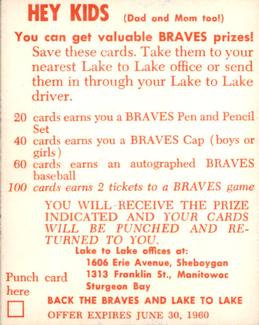 1960 Lake to Lake Dairy Milwaukee Braves #NNO Lee Maye Back