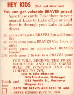 1960 Lake to Lake Dairy Milwaukee Braves #NNO Warren Spahn Back