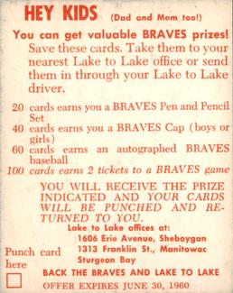 1960 Lake to Lake Dairy Milwaukee Braves #NNO Al Spangler Back