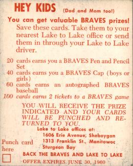1960 Lake to Lake Dairy Milwaukee Braves #NNO Frank Torre Back