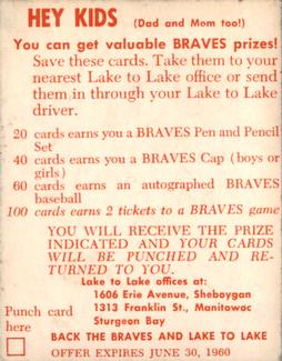 1960 Lake to Lake Dairy Milwaukee Braves #NNO Carl Willey Back