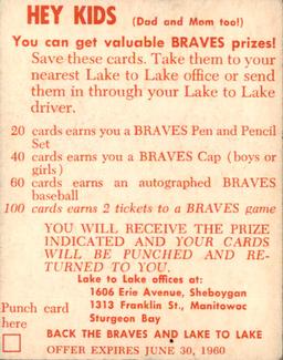 1960 Lake to Lake Dairy Milwaukee Braves #NNO Whitlow Wyatt Back