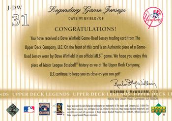 2000 Upper Deck Legends - Legendary Game Jerseys #J-DW Dave Winfield  Back