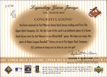 2000 Upper Deck Legends - Legendary Game Jerseys #J-EW Earl Weaver  Back
