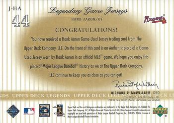 2000 Upper Deck Legends - Legendary Game Jerseys #J-HA Hank Aaron  Back