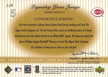 2000 Upper Deck Legends - Legendary Game Jerseys #J-JB Johnny Bench  Back