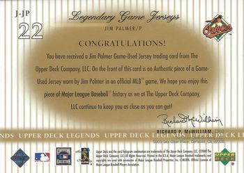 2000 Upper Deck Legends - Legendary Game Jerseys #J-JP Jim Palmer  Back