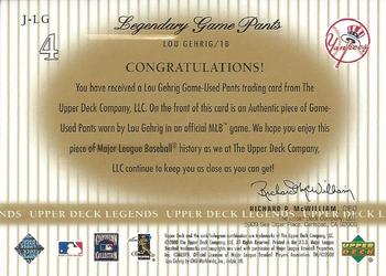 2000 Upper Deck Legends - Legendary Game Jerseys #J-LG Lou Gehrig Back