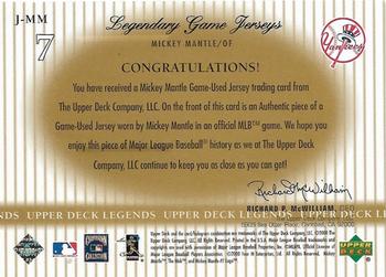 2000 Upper Deck Legends - Legendary Game Jerseys #J-MM Mickey Mantle  Back