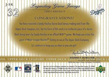 2000 Upper Deck Legends - Legendary Game Jerseys #J-SK Sandy Koufax Back