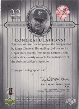 2000 Upper Deck Legends - Legendary Signatures #S-RC Roger Clemens Back