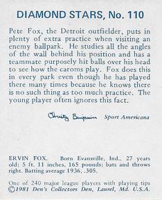 1981 Den's Collectors Den 1937 Diamond Stars Extension (Reprint) #110 Pete Fox Back