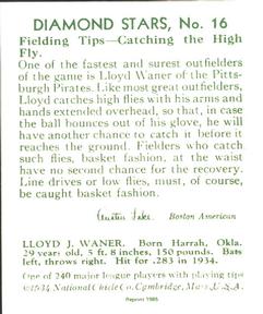 1985 1934-1936 Diamond Stars (reprint) #16 Lloyd Waner Back