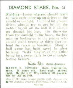 1985 1934-1936 Diamond Stars (reprint) #31 Kiki Cuyler Back