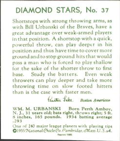 1985 1934-1936 Diamond Stars (reprint) #37 Billy Urbanski Back