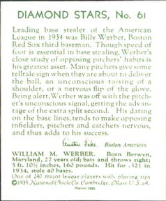 1985 1934-1936 Diamond Stars (reprint) #61 Bill Werber Back