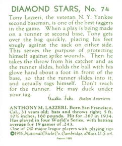 1985 1934-1936 Diamond Stars (reprint) #74 Tony Lazzeri Back