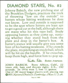 1985 1934-1936 Diamond Stars (reprint) #82 Johnny Babich Back