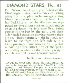 1985 1934-1936 Diamond Stars (reprint) #83 Paul Waner Back