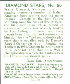 1985 1934-1936 Diamond Stars (reprint) #86 Frank Crosetti Back