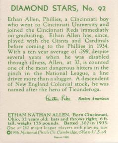 1985 1934-1936 Diamond Stars (reprint) #92 Ethan Allen Back