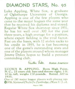 1985 1934-1936 Diamond Stars (reprint) #95 Luke Appling Back