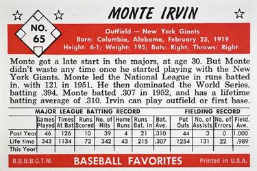 1979 Card Collectors 1953 Bowman Black & White Extension #65 Monte Irvin Back