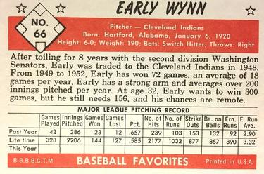 1979 Card Collectors 1953 Bowman Black & White Extension #66 Early Wynn Back