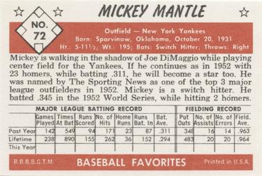 1979 Card Collectors 1953 Bowman Black & White Extension #72 Mickey Mantle Back
