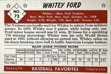 1979 Card Collectors 1953 Bowman Black & White Extension #73 Whitey Ford Back