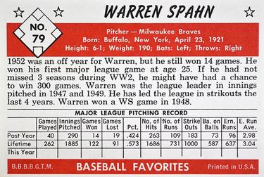 1979 Card Collectors 1953 Bowman Black & White Extension #79 Warren Spahn Back