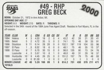 2000 Burger King Huntsville Stars #NNO Greg Beck Back