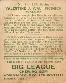 1934 World Wide Gum (V354) #3 Val Picinich Back