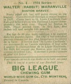 1934 World Wide Gum (V354) #4 Rabbit Maranville Back
