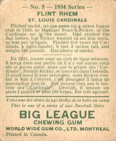 1934 World Wide Gum (V354) #5 Flint Rhem Back