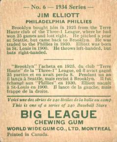 1934 World Wide Gum (V354) #6 Jim Elliott Back