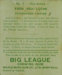 1934 World Wide Gum (V354) #7 Fred Lucas Back